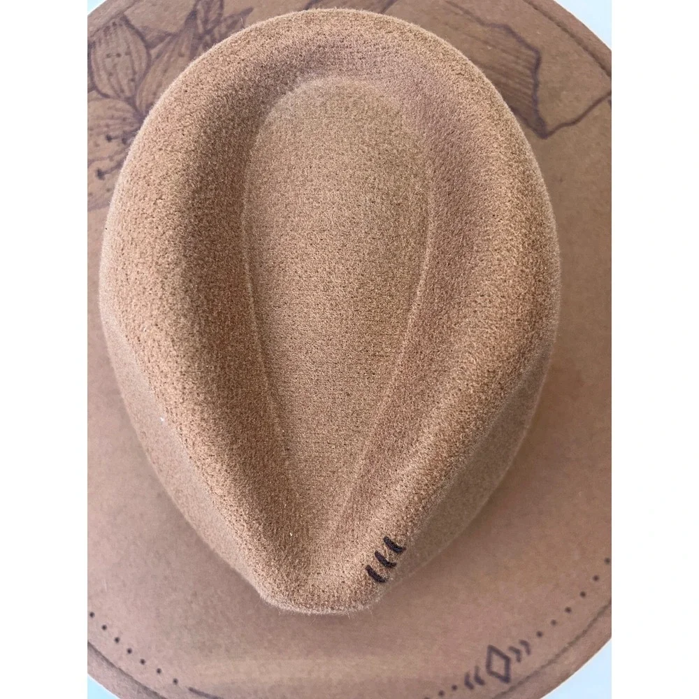 Fedora Womens Burnt felt Hat Brown Hand‎ Drawn Mountain Floral Concho Chain New